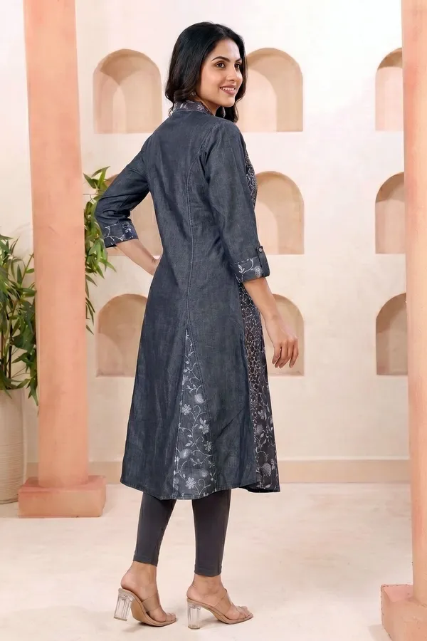 Stylish_Black_Denim_A_Line_Kurti_with_Floral_Print_Detailing