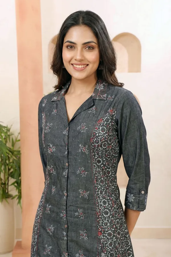 Stylish_Black_Denim_A_Line_Kurti_with_Floral_Print_Detailing