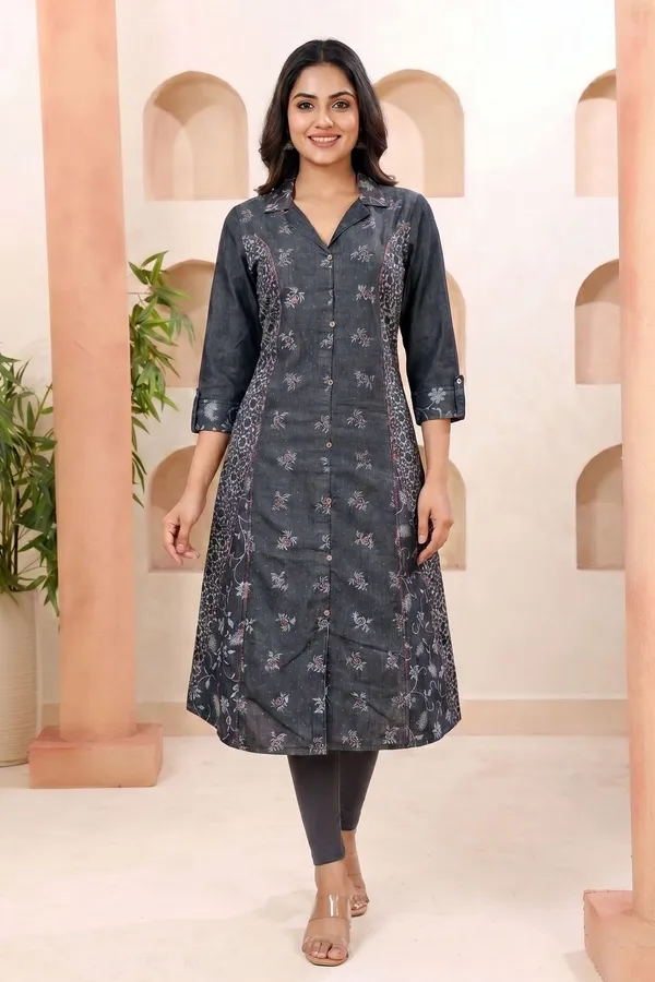 Stylish_Black_Denim_A_Line_Kurti_with_Floral_Print_Detailing