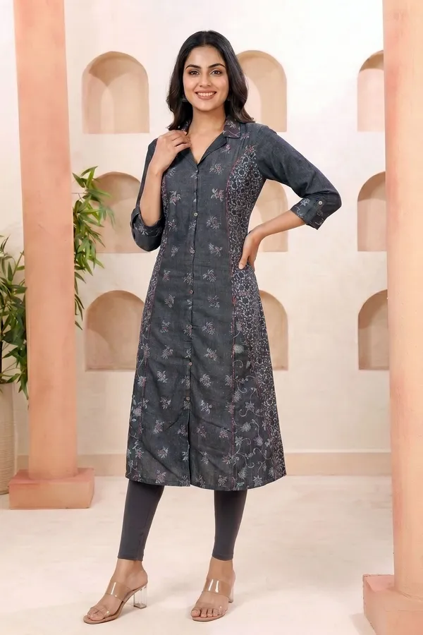 Stylish_Black_Denim_A_Line_Kurti_with_Floral_Print_Detailing