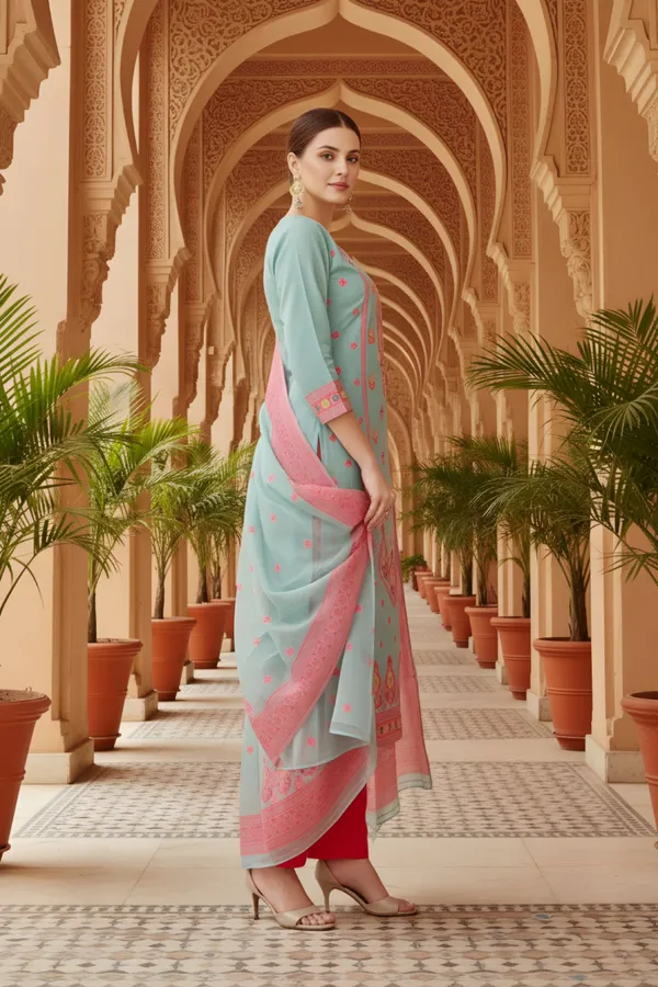 Blue_Banarasi_Chanderi_Handwoven_Women_Three_Piece_Long_Kurta_Set