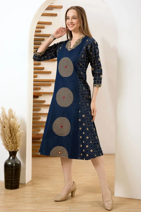 Exclusive_Denim_Blue_V_Neck_A_Line_Indo_Western_Dress