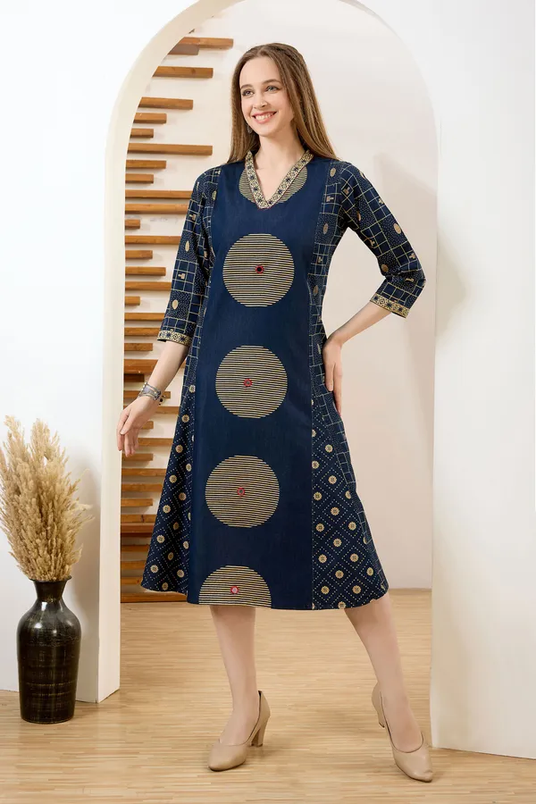 Exclusive_Denim_Blue_V_Neck_A_Line_Indo_Western_Dress