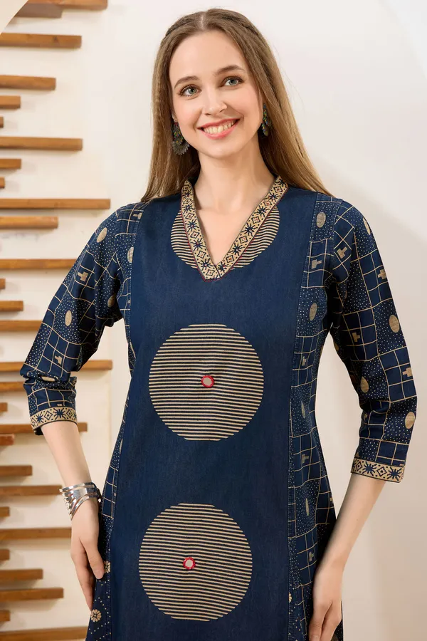 Exclusive_Denim_Blue_V_Neck_A_Line_Indo_Western_Dress