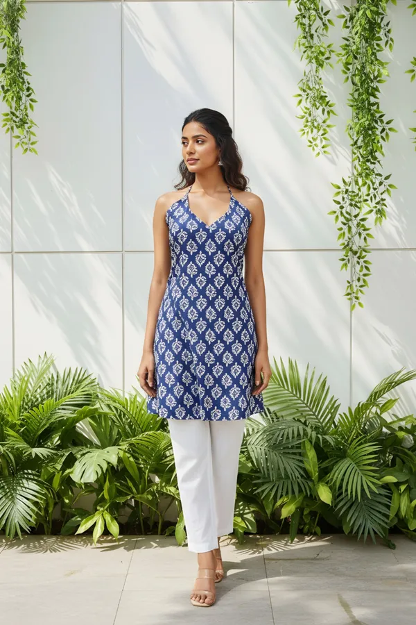 Indigo_Jaipuri_Print_Halter_Neck_Corset_Kurti