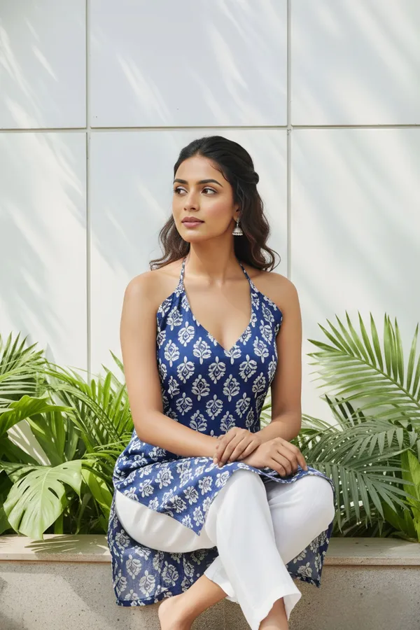 Indigo_Jaipuri_Print_Halter_Neck_Corset_Kurti