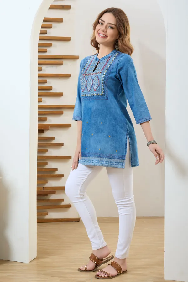Stylish_Ban_Collar_Denim_Tunic_With_Hand_Embroidery_Yoke