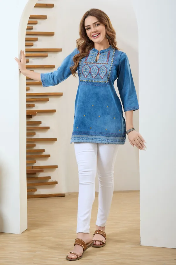 Stylish_Ban_Collar_Denim_Tunic_With_Hand_Embroidery_Yoke