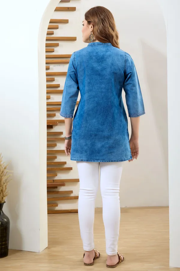 Stylish_Ban_Collar_Denim_Tunic_With_Hand_Embroidery_Yoke