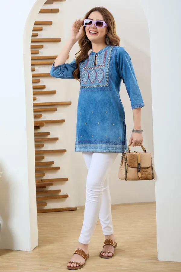 Stylish_Ban_Collar_Denim_Tunic_With_Hand_Embroidery_Yoke