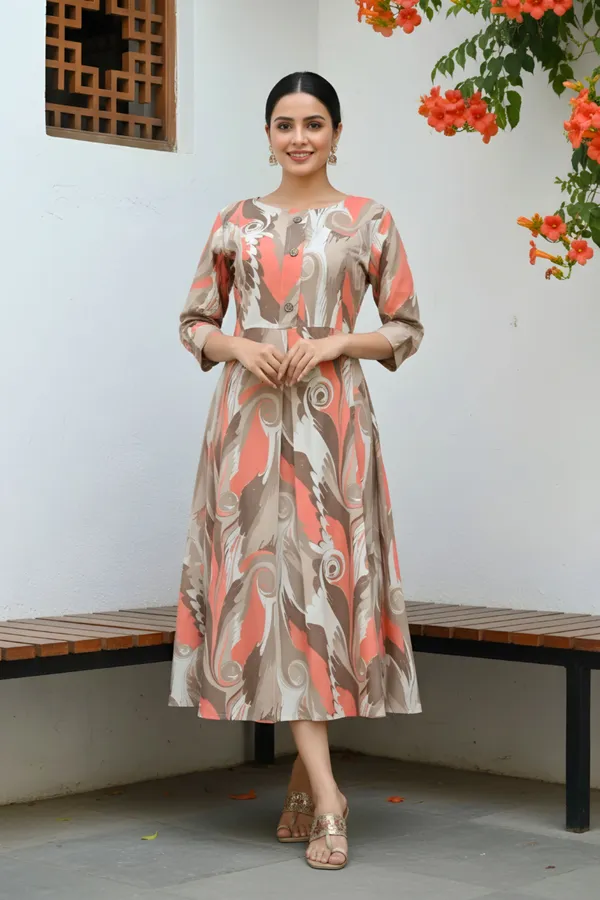 Peach_Brown_Abstract_Print_Linen_Cotton_Flared_Long_Kurta_For_Women