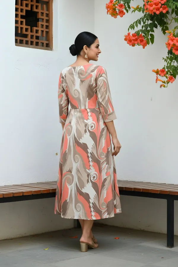 Peach_Brown_Abstract_Print_Linen_Cotton_Flared_Long_Kurta_For_Women