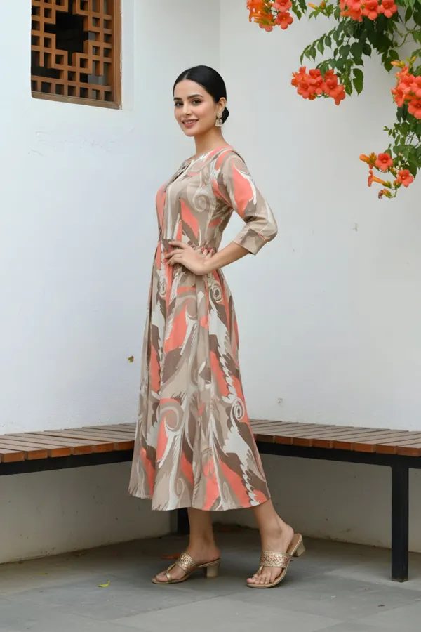 Peach_Brown_Abstract_Print_Linen_Cotton_Flared_Long_Kurta_For_Women