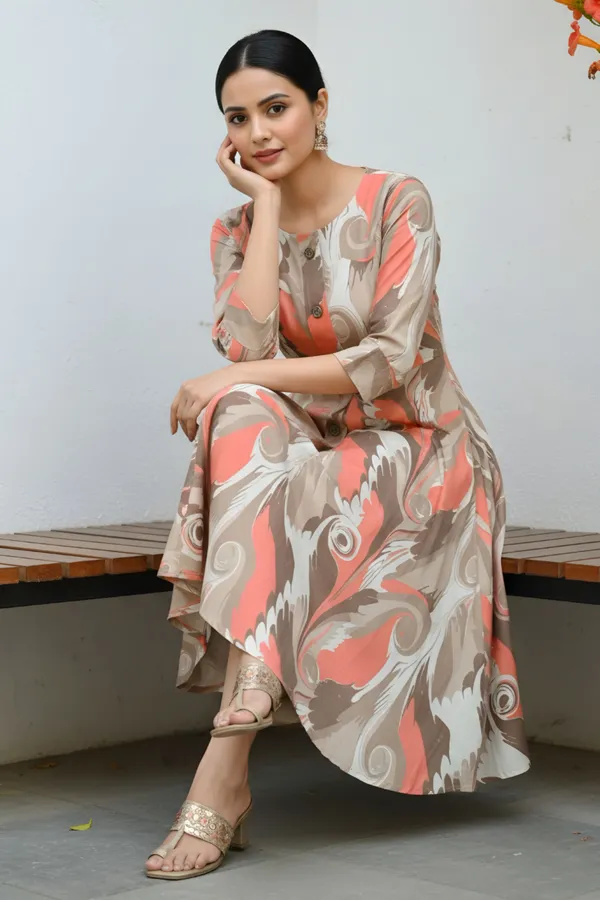 Peach_Brown_Abstract_Print_Linen_Cotton_Flared_Long_Kurta_For_Women