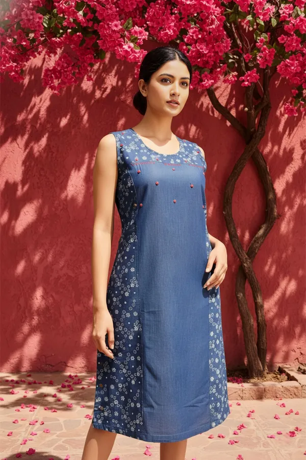 keshubaba Blue Stylish Denim Dress With Star Print And Embellishment Price  in India - Buy keshubaba Blue Stylish Denim Dress With Star Print And  Embellishment online at https://keshubaba.in