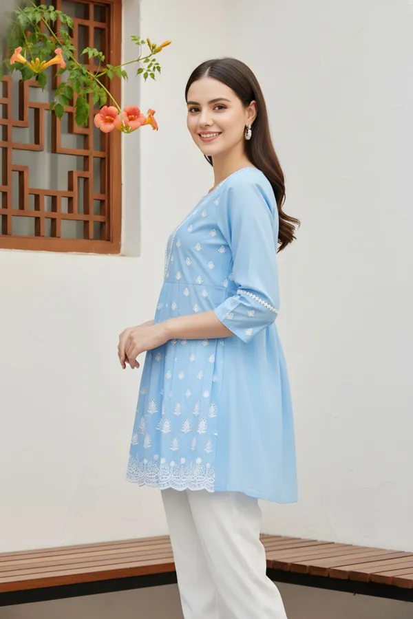 Women_Light_Blue_Chikankari_Embroidered_Peplum_Short_Kurti
