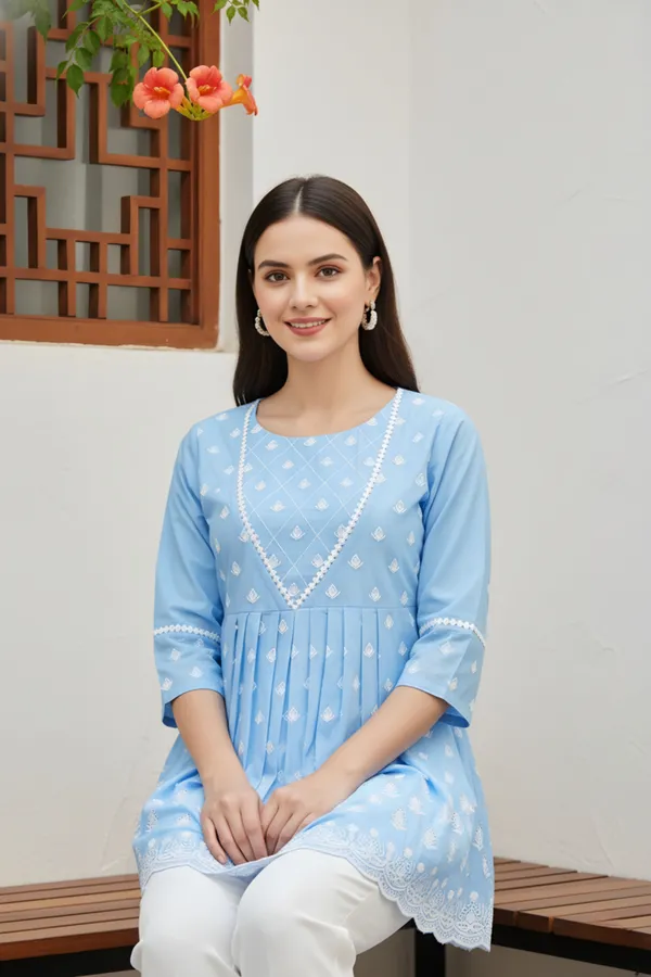 Women_Light_Blue_Chikankari_Embroidered_Peplum_Short_Kurti