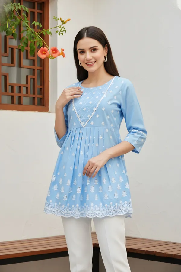 Women_Light_Blue_Chikankari_Embroidered_Peplum_Short_Kurti