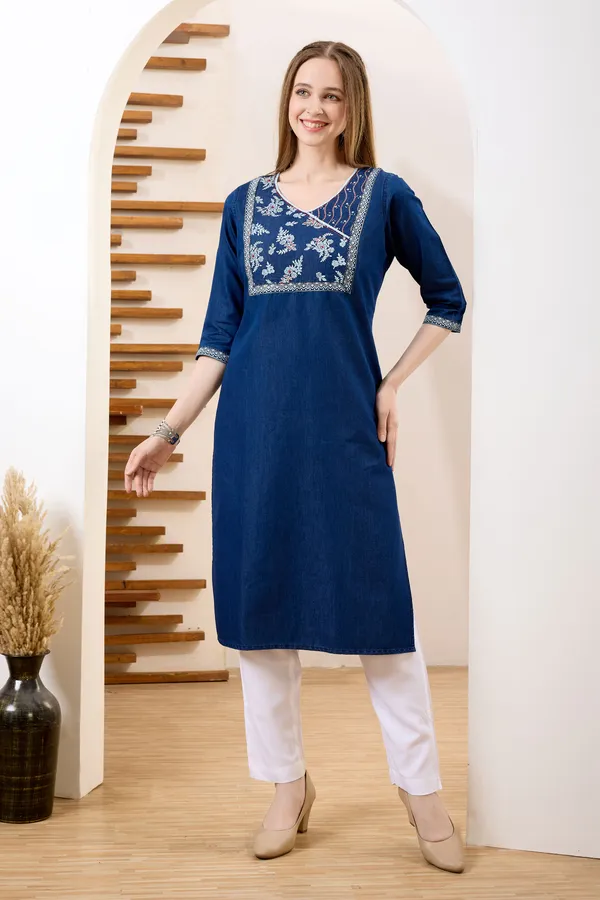 Trendy_Yoke_Print_Denim_Kurti_With_Hand_Embroidery_For_Women
