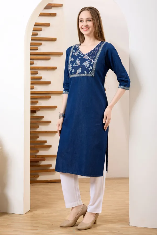 Trendy_Yoke_Print_Denim_Kurti_With_Hand_Embroidery_For_Women