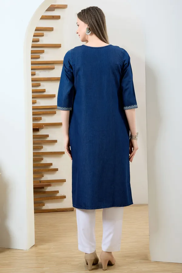 Trendy_Yoke_Print_Denim_Kurti_With_Hand_Embroidery_For_Women
