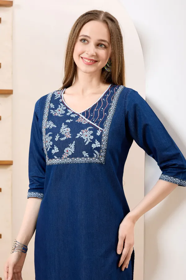 Trendy_Yoke_Print_Denim_Kurti_With_Hand_Embroidery_For_Women