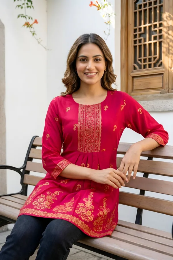 Cherry_Red_Rayon_Flared_Short_Kurti_with_Pearl_Gold_Print_For_Women