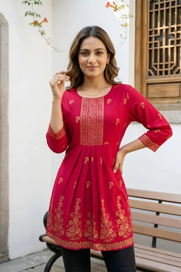 Cherry_Red_Rayon_Flared_Short_Kurti_with_Pearl_Gold_Print_For_Women
