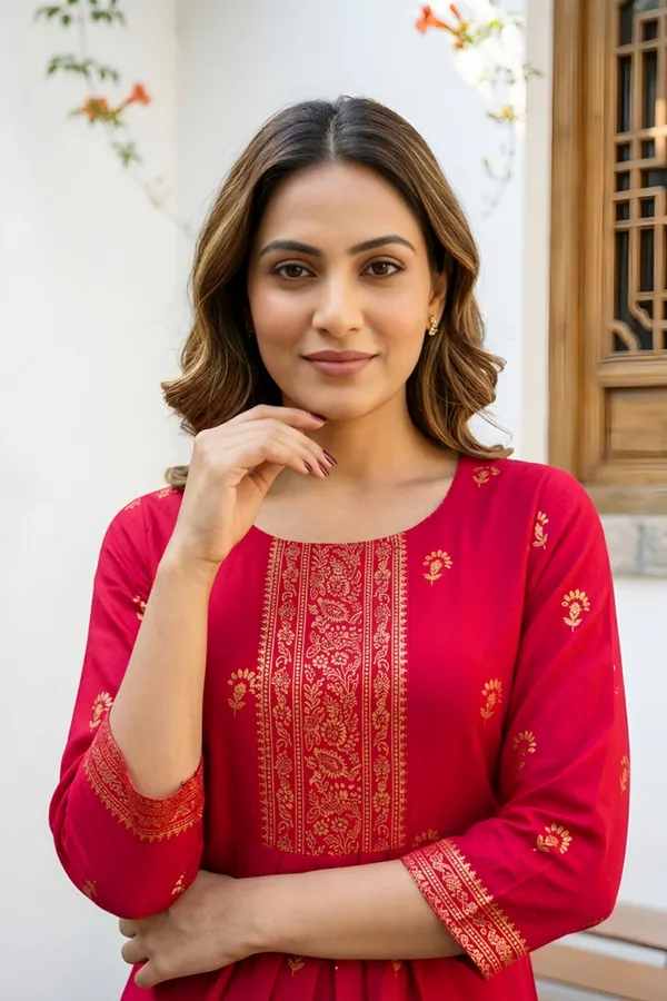 Cherry_Red_Rayon_Flared_Short_Kurti_with_Pearl_Gold_Print_For_Women