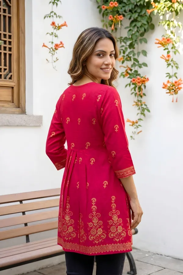Cherry_Red_Rayon_Flared_Short_Kurti_with_Pearl_Gold_Print_For_Women