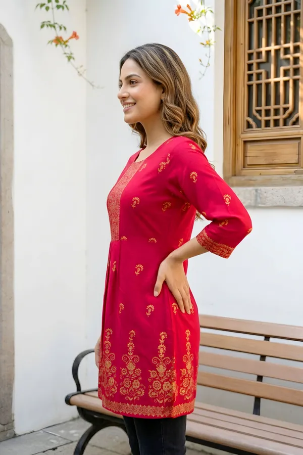 Cherry_Red_Rayon_Flared_Short_Kurti_with_Pearl_Gold_Print_For_Women