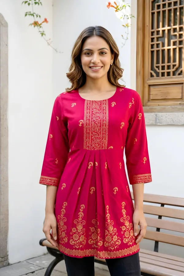 Cherry_Red_Rayon_Flared_Short_Kurti_with_Pearl_Gold_Print_For_Women