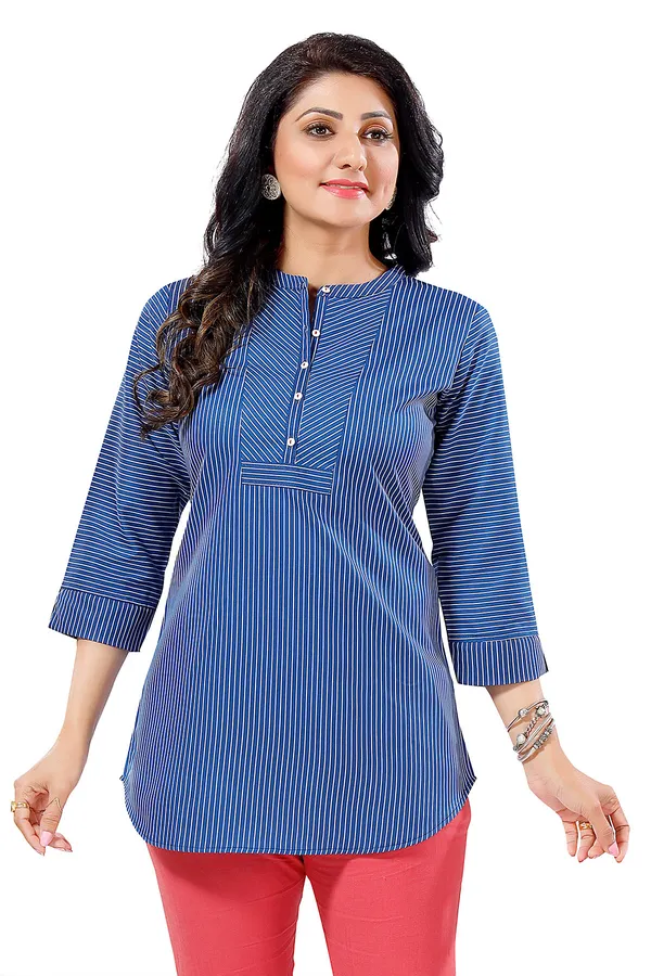 Blue_Striped_Cotton_Blended_Short_Kurti_Tunic_Top