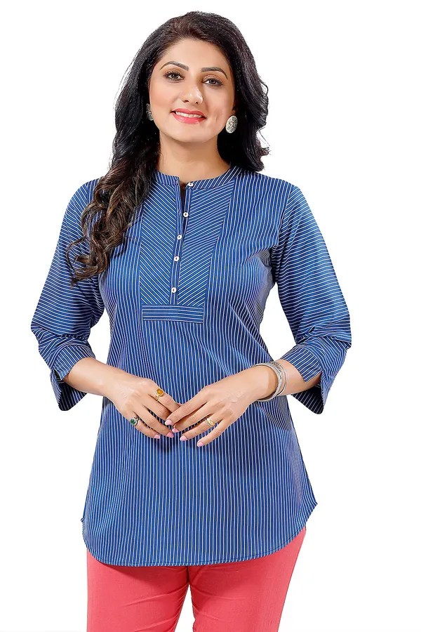 Blue_Striped_Cotton_Blended_Short_Kurti_Tunic_Top