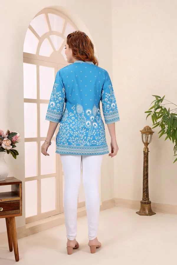 Turquoise_Cotton_Short_Kurti_Tunic_Top_with_Floral_Print_for_Women