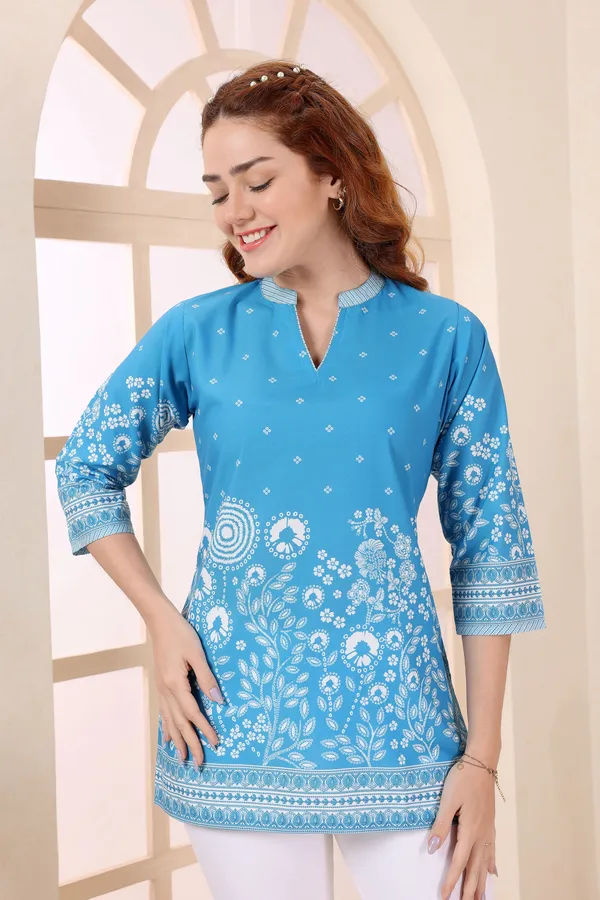 Turquoise_Cotton_Short_Kurti_Tunic_Top_with_Floral_Print_for_Women