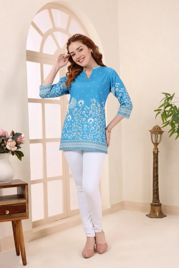 Turquoise_Cotton_Short_Kurti_Tunic_Top_with_Floral_Print_for_Women