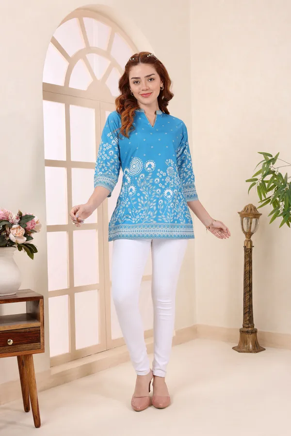 Turquoise_Cotton_Short_Kurti_Tunic_Top_with_Floral_Print_for_Women