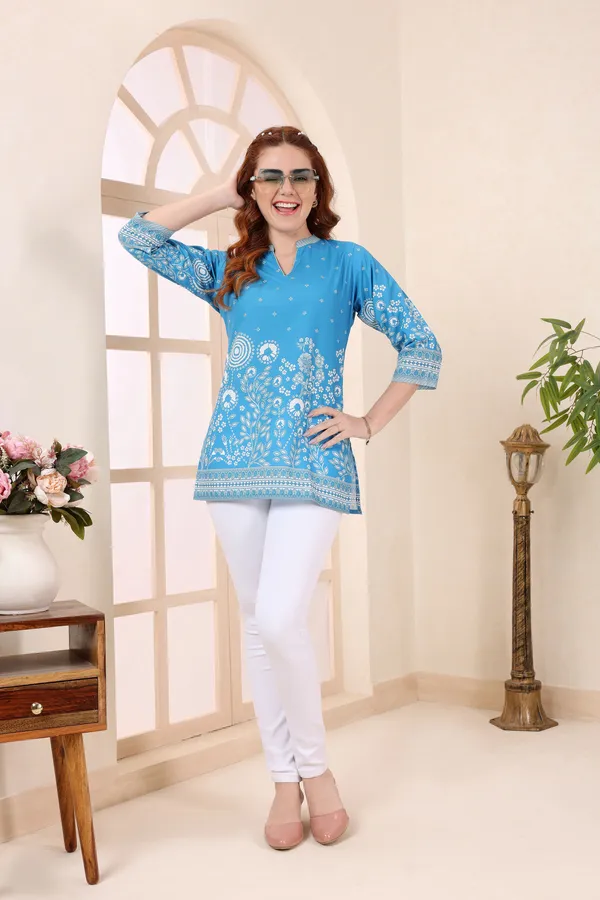 Turquoise_Cotton_Short_Kurti_Tunic_Top_with_Floral_Print_for_Women