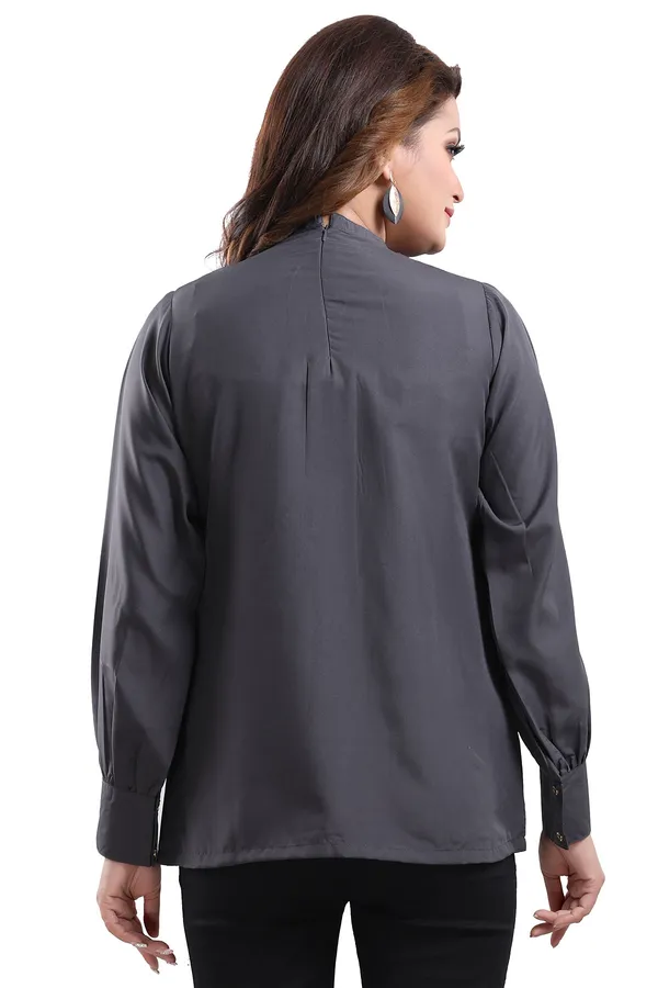 Classy_Grey_Polyester_Crepe_Office_Wear_Short_Tunic_Top_For_Women
