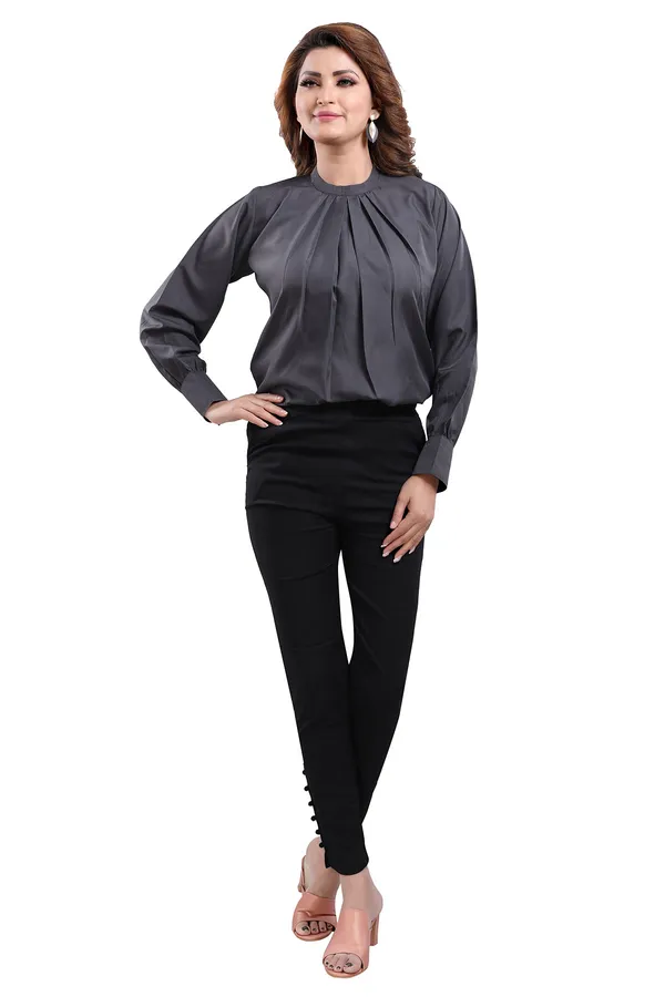 Classy_Grey_Polyester_Crepe_Office_Wear_Short_Tunic_Top_For_Women