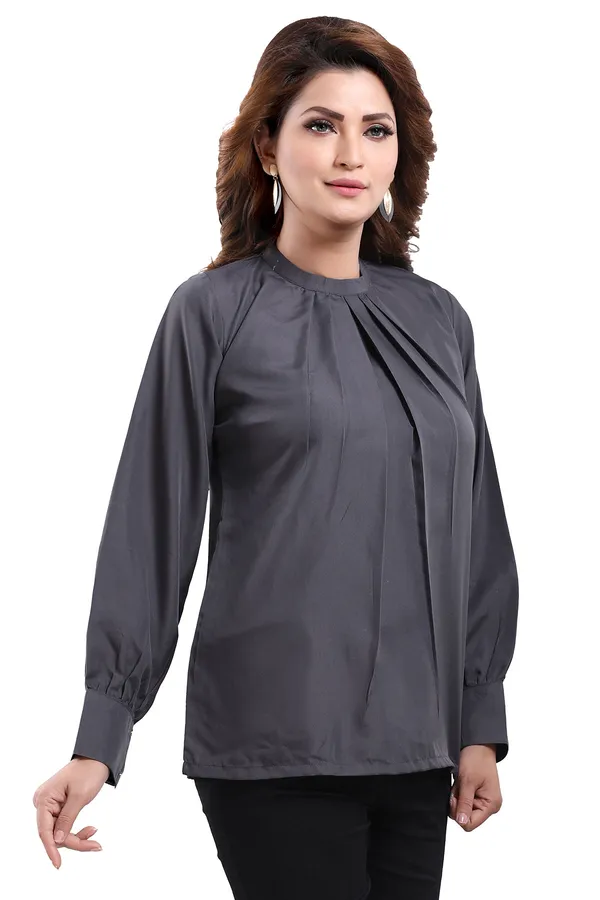Classy_Grey_Polyester_Crepe_Office_Wear_Short_Tunic_Top_For_Women