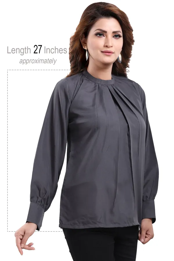 Classy_Grey_Polyester_Crepe_Office_Wear_Short_Tunic_Top_For_Women