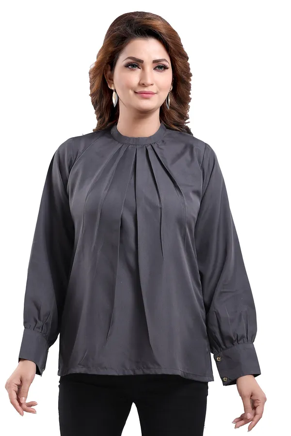 Classy_Grey_Polyester_Crepe_Office_Wear_Short_Tunic_Top_For_Women