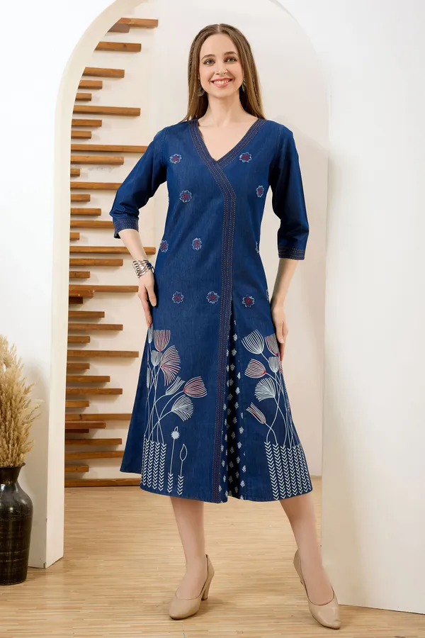 Gorgeous_Denim_Blue_V_Neck_A_Line_Indo_Western_Dress