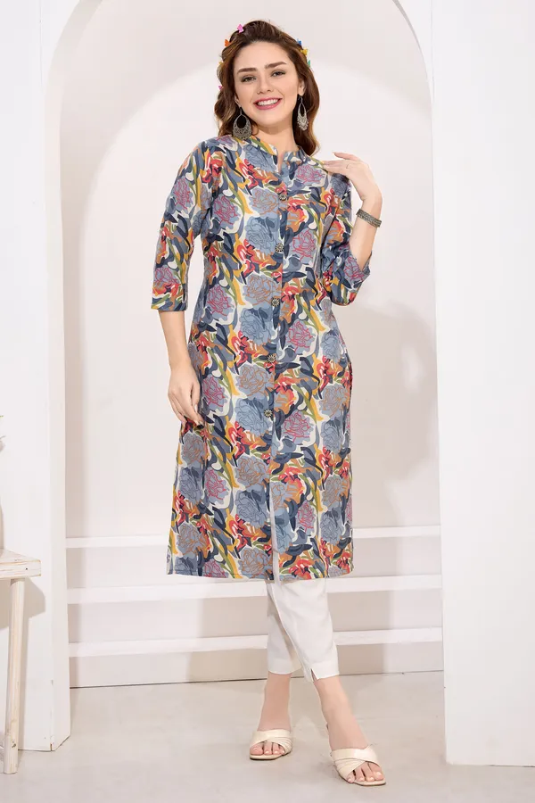 Gray_Black_Linen_Cotton_Women_Long_Kurta_With_Ban_Collar
