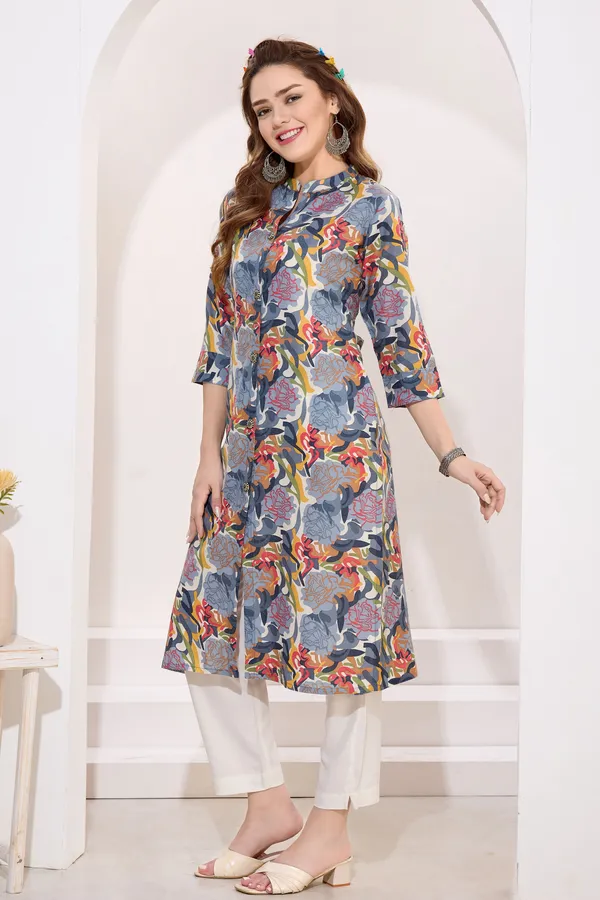 Gray_Black_Linen_Cotton_Women_Long_Kurta_With_Ban_Collar