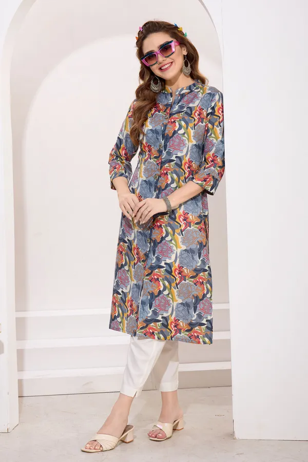 Gray_Black_Linen_Cotton_Women_Long_Kurta_With_Ban_Collar
