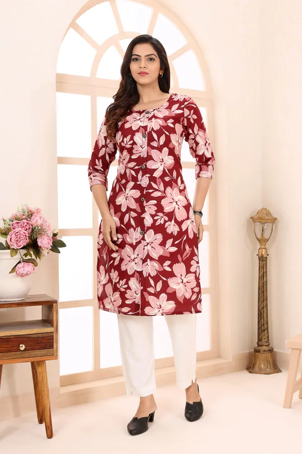 Maroon_bloom_Linen_Cotton_Ban_Collar_Women_Long_Kurta