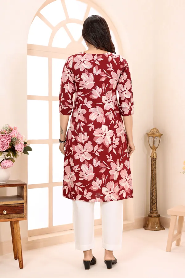 Maroon_bloom_Linen_Cotton_Ban_Collar_Women_Long_Kurta